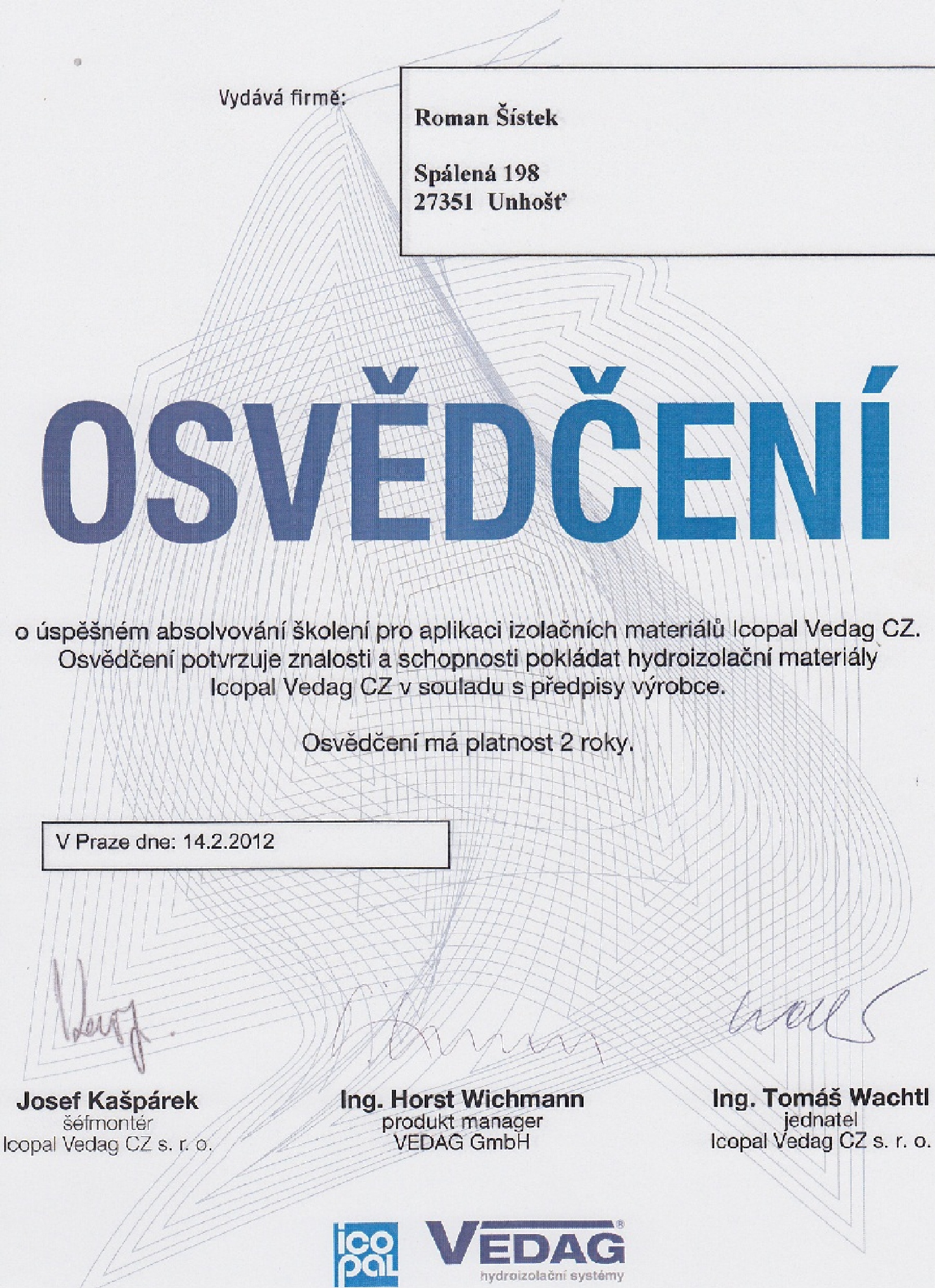 Osvědčení Icopal Vedag