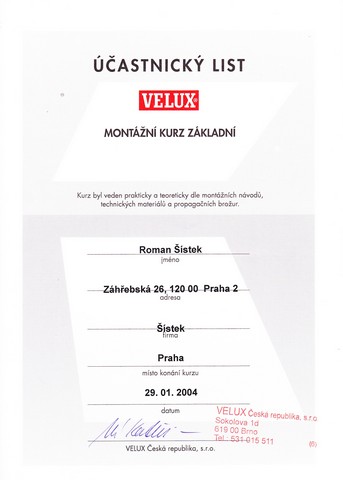 Certifikát VELUX